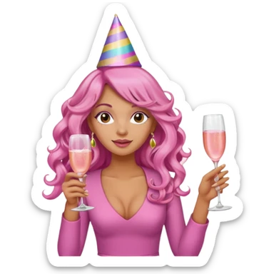 One lady with long pink curled hair and tan skin holding a glass of  pink champagne in each hand sticker
