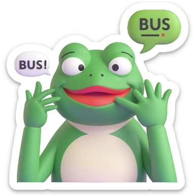Create a 3D emoji style image of Pepe the Frog holding his hand over his mouth as if trying not to laugh. Include a speech bubble above or beside him that says 'bus garso'. The style should be playful and similar to the reference image but exclude the hat, cigar, drink, or bottle. sticker