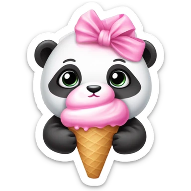 baby panda with a pink hair bow  eating pink ice cream cone  sticker