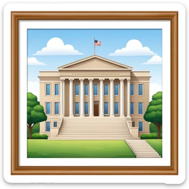 government-building that is tan and 11 white columns wide - sitting on a grass plot and stair leading up to the building sticker