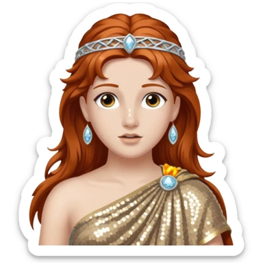 Diana from Roman Deities with long auburn hair, silver sequin toga sticker
