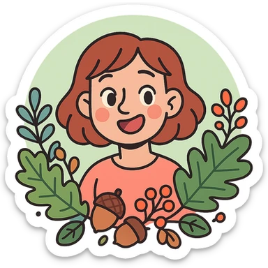 wreath of forest leaves, acorns, and berries, soft green circle sticker, pastel-toon style, transparent background sticker