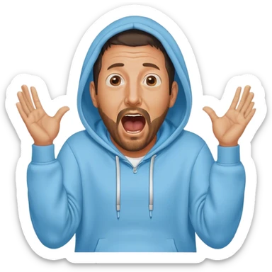 Adam Sandler with a beard in a baby blue hoodie, the hood on, screaming with the arms wide spread like ‘i don’t know’ sticker