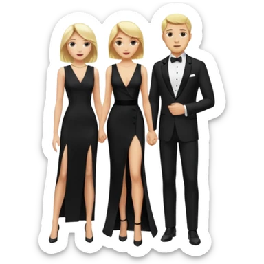 Blonde woman, black, Long, tight, sleveless Dress, Slot left Leg, man in Dinner jacket sticker