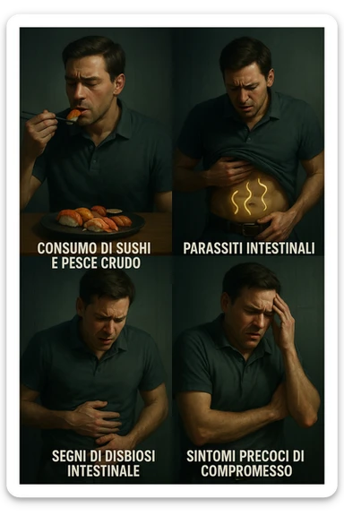 Illustrazione verticale realistica e cinematografica in italiano che mostra la progressione della malattia in più fasi da sinistra a destra: uomo che mangia sushi e pesce crudo, comparsa di parassiti intestinali, segni di disbiosi, primi sintomi di malessere, fino a uno stato di salute compromesso. Atmosfera clinica con luci drammatiche, didascalie in italiano, formato 2:3. sticker