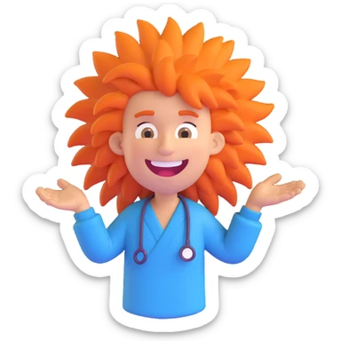 discord role icon for a psychiatric clinic, hilarious patient character with wild hair, big smile, and funny pose, very comical and lighthearted, 3D style, color #6fe8f3 sticker