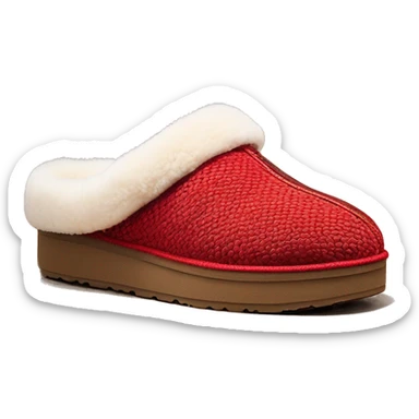 Chestnut colored low cut slip-on slippers with thin red woven zig-zag trim on the cuff, a red heel pull tab, and a thick platform sole. “UGG” sticker