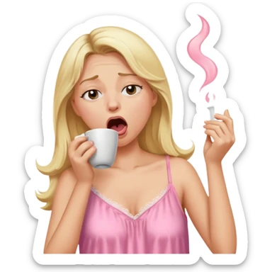 A blonde woman in a pink nightgown yawns, looking sleepy with dark circles under her eyes, drinking coffee, looking like she just woke up sticker