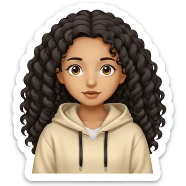 Tan skin girl with black very long curly hair, brown eyes, vanilla colored hoodie sticker
