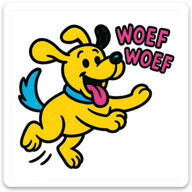 happy dog jumping and barking 'Woef Woef', dynamic movement, pop colors style sticker