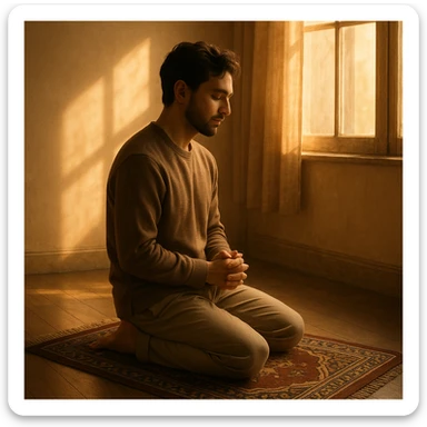 a calm individual kneeling on a decorative prayer mat, hands folded, with warm light from a window creating a serene atmosphere sticker