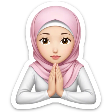 A white Asian woman, white hijab women are listening with her hands folded on the table. her lips is pink. her outfit & hijab color is white sticker