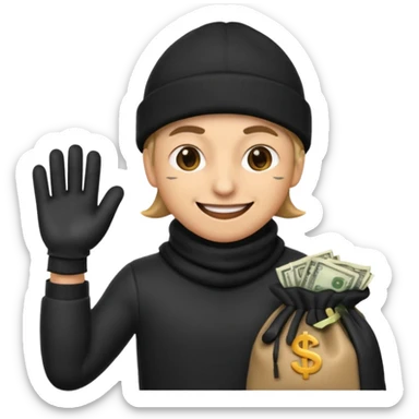robber emoji, Google style, burglar in black beanie and gloves holding a cash bag sticker