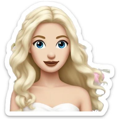 White bride with long light blonde hair and blue eyes with light pink peonies in hair white skin  sticker