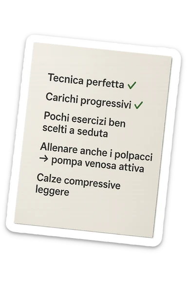 FOGLIO DI CARTA PER L'ALLENAMENTO IN PALESTRA CON LA SCRITTA "Tecnica perfetta
 ✅ Carichi progressivi
 ✅ Pochi esercizi ben scelti a seduta
 ✅ Allenare anche i polpacci → pompa venosa attiva
 ✅ Calze compressive leggere" , IPERREALISTICA 4K sticker