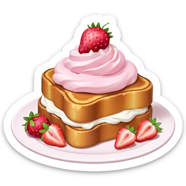 French toast with strawberry on top and pink whipped cream sticker