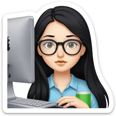 Girl with long black hair, glasses, nostril piercing, and a computer sticker