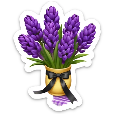 A lush bouquet of bright prple color Hyacinths black satin ribbon, resting on an antique wooden table, with a pale yellow and pink plaid pattern table cloth sticker