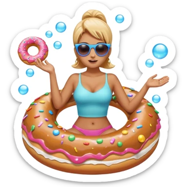 A woman riding a donut float, with bubbles popping all around her sticker