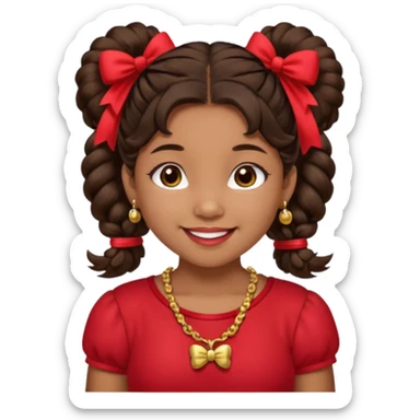 Brownskin girl dark brown hair fluffy. pigtails with red bows brown eyes smiling closed mouth red shirt gold esrrings gold necklace sticker