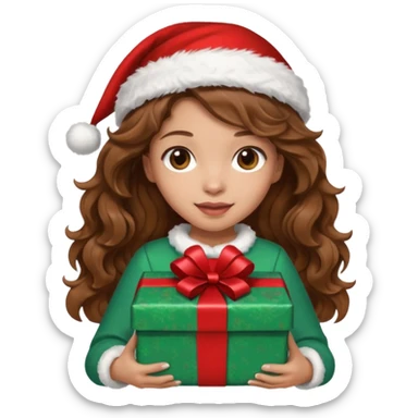 a girl with wavy brown hair wearing a christmas clothes and holding a gift sticker