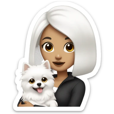 A girl with black hair holding a white Pomeranian  sticker