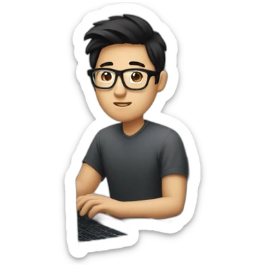 an SEO/tech guy with specs working on his macbook, black hair, asian - white sticker