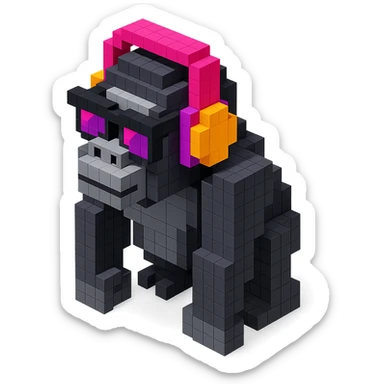voxel style gorilla with sunglasses and headphones, isometric view sticker