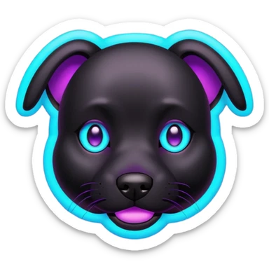 futuristic glowing black dog emoji, neon cyan eyes, purple #8B5CF6 highlights, tech minimal style, dark background sticker