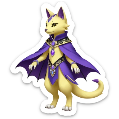 Kawaii cute Violet Yellow Black beautiful pretty elegant divine edgy feline-vernid-sergal-Fakémon-Pokémon-Digimon-fursona-animal-creature, full body, with intricate detailed markings, Embroidered capelet sticker