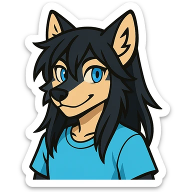 anime style wolf furry character with blue eyes, long black hair, wearing a light blue shirt sticker