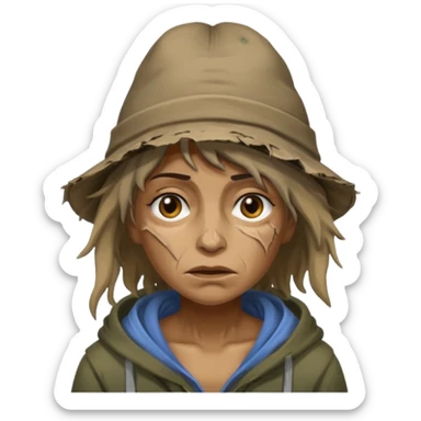 very dirty looking homeless woman with ripped hat with ugly hair sticker