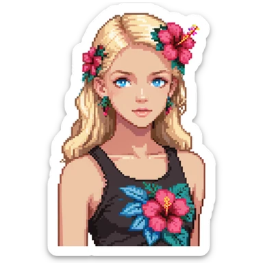 preppy coastal teen girl with blue eyes, beach blonde hair, tan skin, hibiscus flower in her ear, preppy beach outfit sticker