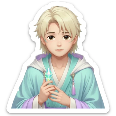 Beautiful gorgeous romantic blushing youthful handsome anime guy with beautiful iridescent-pastel-whitish-special-gently-tousled-medium-long-hair, fashion aesthetic, ethereal, fairycore, pastelcore, layered robes, accessories, jewelries, colorful, shiny, trending style, outside sticker