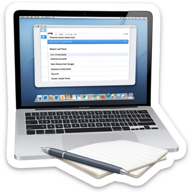 MacBook with online booking system and classic paper notebook with pen side by side, both objects fully visible, no background, no cut-off edges sticker
