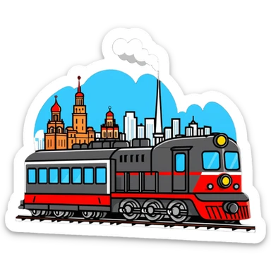 A cartoon locomotive train drinking vodka, with Moscow skyline in background sticker