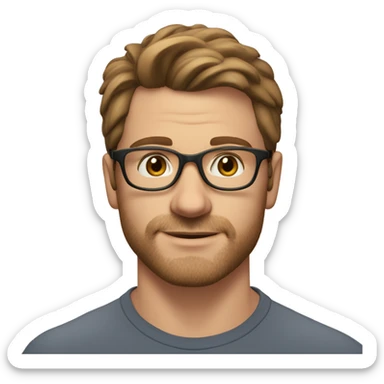 A head and shoulders shot of a 32 year old White man, with medium brown hair, with stubble facial hair,  wearing glasses with brown eyes wearing a t-shirt. sticker