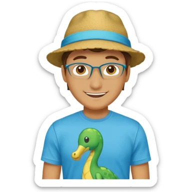 A handsome guy looks bold and brash, wears a t shirt and has a hat sticker