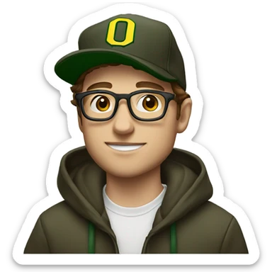 jeremy allen white with brown hair, glasses, and a university of Oregon baseball hat, and a hoodie sticker