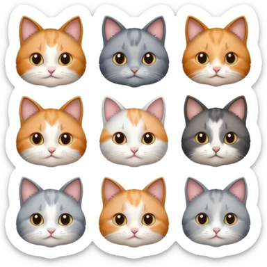 6 realistic looking cats with different natural coloured coats, assorted grey and white, greys, calico, brown and white colours etc
 sticker