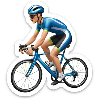 An icon featuring a sleek road bicycle with aerodynamic wheels on a winding mountain road. The background showcases a stunning landscape with rolling green hills, a bright blue sky, and distant peaks. Sunlight casts dynamic shadows, emphasizing motion and speed. Transparent background. sticker