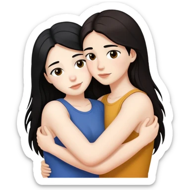 A lesbian couple with white skin and long black and brown hair hugging intimately sticker