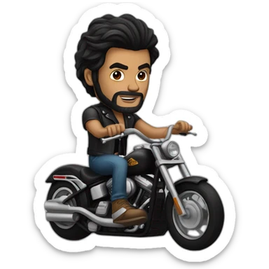 A  long black haired man with a lots of tattoos riding a Harley motorcycle sticker