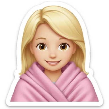 blonde girl wrapped in a pink blanket, smiling sticker