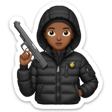 african american wearing a black puffer jacket with the hood on and holding a glock 26 sticker