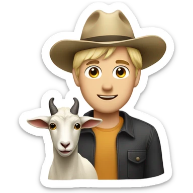 Blonde man in a hat standing behind a goat sticker