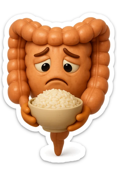 emoji stile iphone 3d di un intestino che guarda una bowl di riso che ha in mano con espressione triste, iperealistico 4k sticker