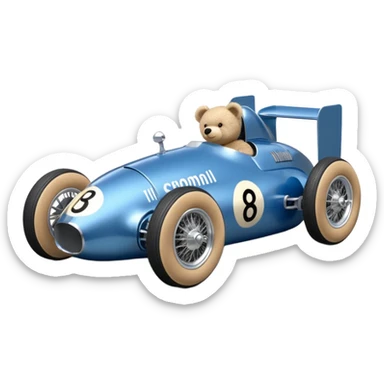 Metallic blue and lightly chrome-accented Antique-looking  kid-sized race car for teddy bear with custom aero body and rear wing sticker