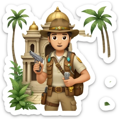 An icon inspired by adventure games like Uncharted 4, featuring a rugged explorer with a backpack, standing in front of an ancient temple or treasure. The design includes a treasure map, a pistol, and jungle foliage, symbolizing the thrill of exploration and danger. Transparent background sticker