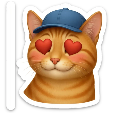 Change the cat's face expression to crush with blushing or dreamy eyes, keep the blue cap, and set the background to transparent. Make the style as close to the original realistic emoji as possible, with detailed fur texture and lifelike appearance. sticker